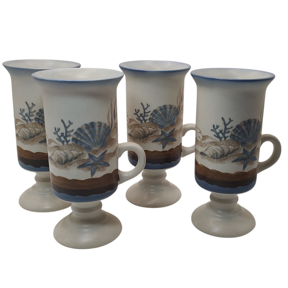 Vintage Otagiri Stoneware Coffee Mugs Pedestal Nautical Shell Design Set of Four